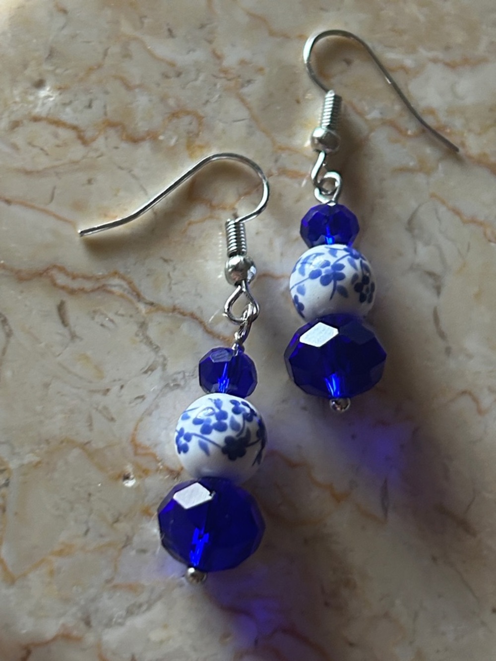 Cobalt Blue Floral Bead Drop Earrings